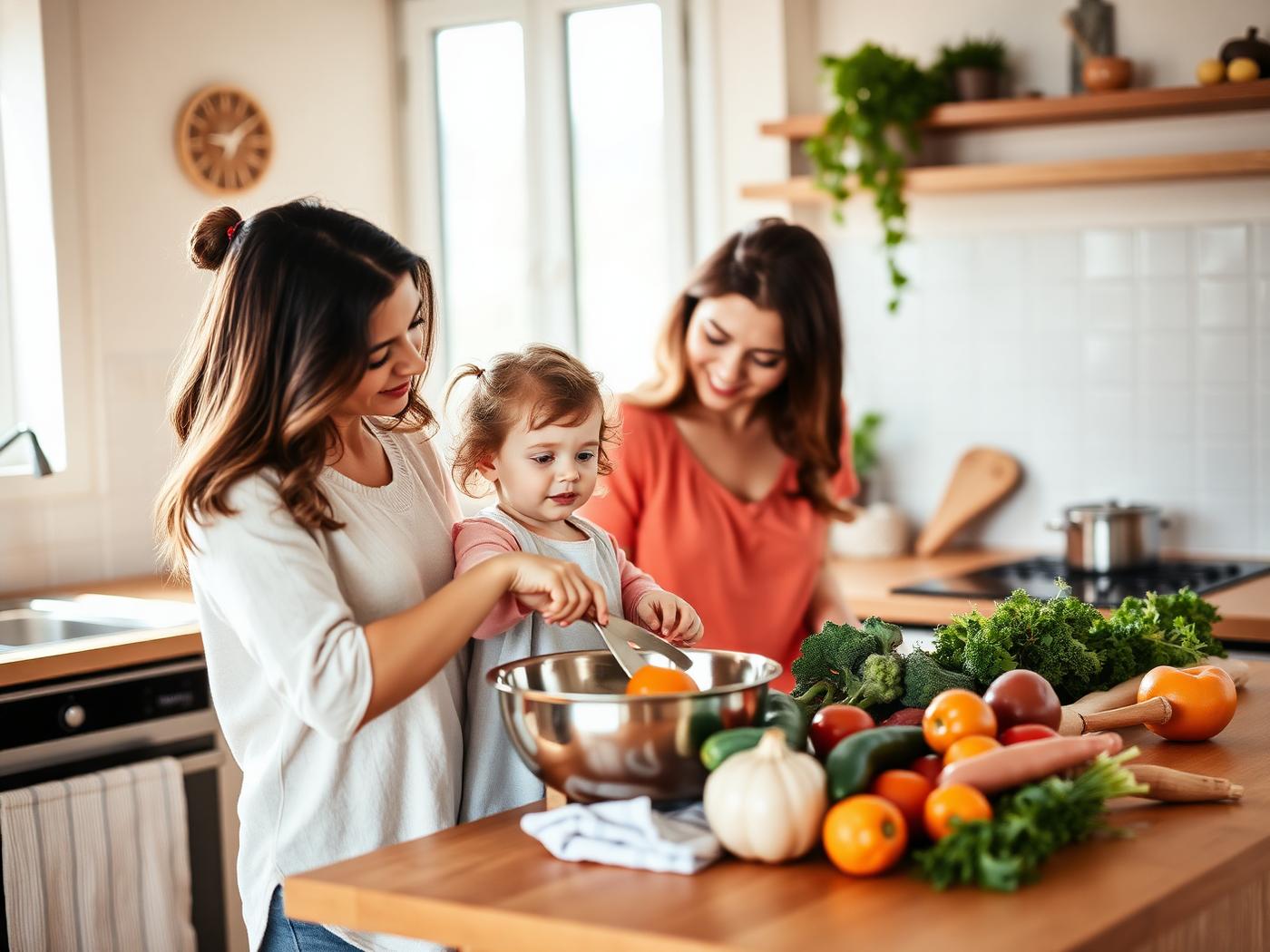 A mother and her young child preparing fresh vegetables together in a home kitchen