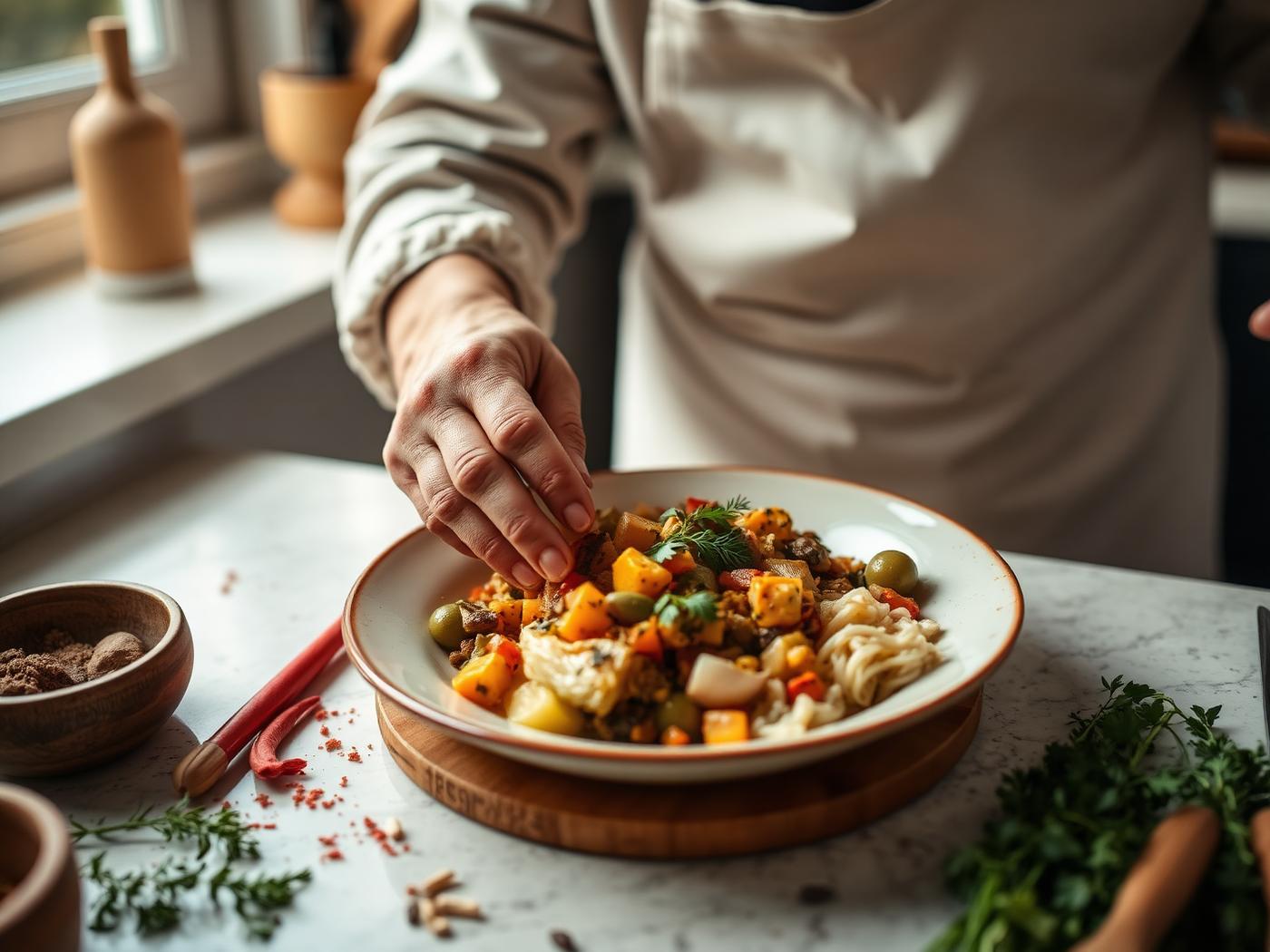 A home cook preparing a colourful homemade dish on a kitchen counter